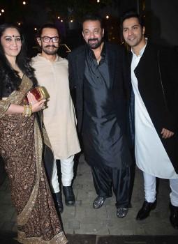 Sanjay Dutt, Manyata Dutt and Varun Dhawan spotted at Aamir Khan's Diwali Party.