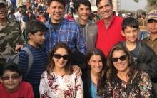 Madhuri Dixit-Nene visited Taj Mahal with her family. The actress says her "love affair with India goes on". Madhuri took to Twitter on Saturday to share a photograph in which the couple along with their two sons Arin and Rayaan, and other members of the family can be seen posing in front of the 17th century marble mausoleum. The actress, who earlier this week celebrated her 18th marriage anniversary with husband Shriram Nene, also shared a throwback image of her husband and his sister in front of Taj Mahal. "Loved this shot of Ram and his sister. Now flash forward. The love affair with India goes on. Jai Hind," Madhuri wrote in the caption.