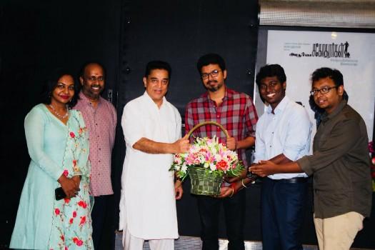 South Indian actor Kamal Haasan watches Mersal movie with Vijay and Atlee.