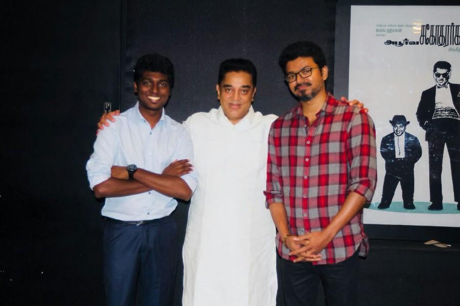South Indian actor Kamal Haasan with actor Vijay and Atlee. Kamal Haasan,Kamal Haasan watches Mersal,Kamal Haasan watches Mersal movie,Kamal Haasan and Thalapathy Vijay,Kamal Haasan and Vijay,Thalapathy Vijay,Atlee