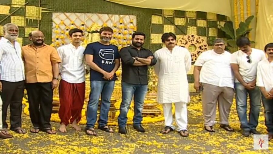 NTR 28: Actor Powerstar Pawan Kalyan launches Jr NTR and Trivikram Srinivas' film. Pawan Kalyan,Jr NTR,Trivikram Srinivas,NTR 28,#ntr28launch,NTR 28 launch,NTR 28 movie launch,Pawan Kalyan and Jr NTR,Pawan Kalyan with Jr NTR