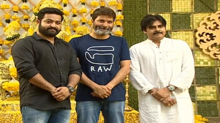 NTR 28 movie launch pics. Pawan Kalyan,Jr NTR,Trivikram Srinivas,NTR 28,#ntr28launch,NTR 28 launch,NTR 28 movie launch,Pawan Kalyan and Jr NTR,Pawan Kalyan with Jr NTR
