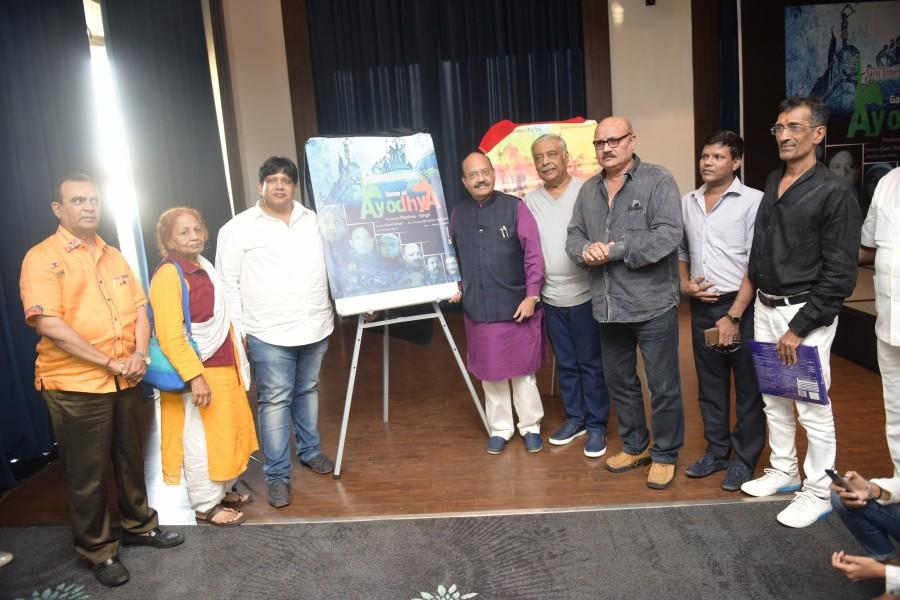 Yogesh Lakhani with Savita Baja, Sunil Singh, Amar Singh, Abhay Bhargav, Arun Bakhi and Bhushan Agarwal during the Trailer and Poster Launch of the film THE GAME OF AYODHYA. Arun Bakshi,Sunil Singh,Bhushan Agarwal,Yogesh Lakhani,Abhay Bhargav,Savita Bajaj,Game Of Ayodhya,Game Of Ayodhya trailer,Game Of Ayodhya poster