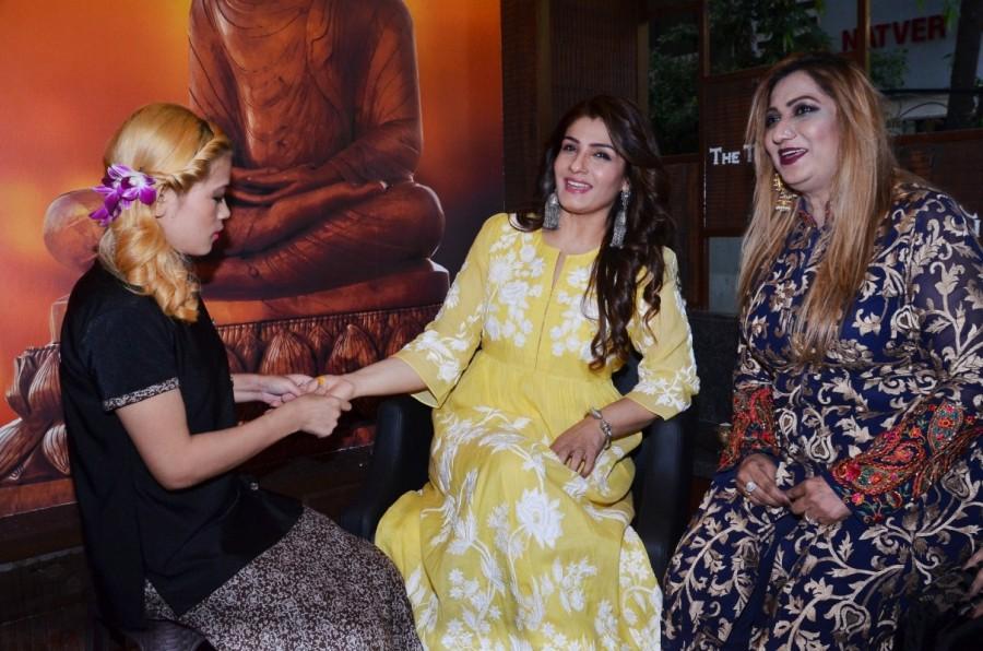 A certified aromatherapist and Reiki master armed with over two decades of experience in the beauty industry, Mehjabeen Khan wants The Thai Villa to be the healing destination where peace replaces pain and serenity replaces stress. Raveena Tandon,actress Raveena Tandon,Mehjabeen Khan and Shura Khan,The Thai Villa