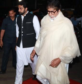 Amitabh Bachchan and Abhishek Bachchan at the prayer meet of Ram Mukherjee at Iscon Temple in Juhu, Mumbai on October 25, 2017.