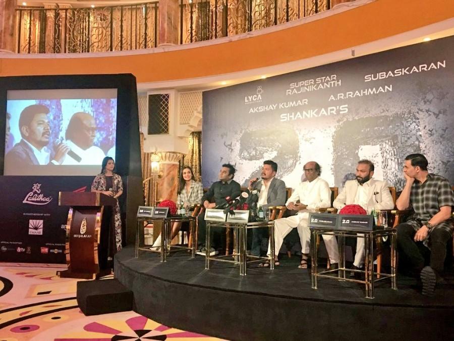 Actor Rajinikanth, Akshay Kumar, Amy Jackson, Shankar, A.R Rahman at 2.0 press meet in Dubai. Rajinikanth,Akshay Kumar,Shankar,A.R Rahman,2.0 press meet,2.0,2.0 press meet pics,2.0 press meet images,2.0 press meet stills,2.0 press meet pictures,2.0 press meet photos