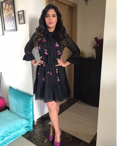 Richa Chadha is wearing a cute cherry print black dress by Kate Spade and teamed it up with sexy pink pumps by Zara. Richa Chadha,actress Richa Chadha,Jia aur Jia promotion,Jia aur Jia movie promotion,Jia aur Jia promotion pics,Jia aur Jia promotion images,Jia aur Jia promotion stills