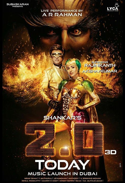2.0 New poster: Ahead of audio launch Superstar Rajinikanth, Akshay Kumar and Amy Jackson reveal their fiery gold side. Rajinikanth,Akshay Kumar,Amy Jackson,2.0 New poster,2.0 poster
