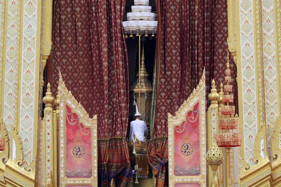 Royal urn of Thailand's late King Bhumibol Adulyadej is transported on a ramp to Funeral Pyre during the Royal Cremation Ceremony near the Grand Palace in Bangkok. Thai king,King Bhumibol,Bangkok Grand Palace,Royal cremation for Thai king