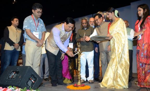 Assam Chief Minister Sarbananda Sonowal during the inauguration of the First Guwahati International Film festival 2017 at Srimanta Sankaradeva International Auditorium in Guwahati on Oct 28, 2017. Also seen Assamese actress-turned-MLA, Angoorlata Deka.