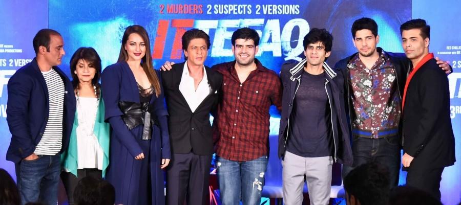 Actors Shah Rukh Khan, Akshay Khanna, Sonakshi Sinha, Sidharth Malhotra and filmmaker Karan Johar during a press conference of the upcoming film "Ittefaq" in Mumbai on Oct 30, 2017. Shah Rukh Khan,Akshay Khanna,Sonakshi Sinha,Sidharth Malhotra,Karan Johar,Ittefaq,Shah Rukh Khan promotes Ittefaq,Ittefaq promotion,Ittefaq movie promotion