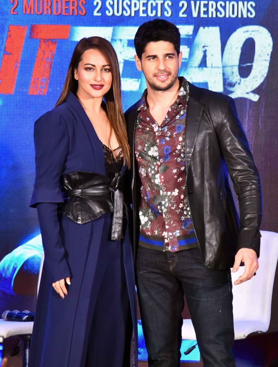 Actors Sonakshi Sinha and Sidharth Malhotra during a press conference of the upcoming film "Ittefaq" in Mumbai on Oct 30, 2017. Shah Rukh Khan,Akshay Khanna,Sonakshi Sinha,Sidharth Malhotra,Karan Johar,Ittefaq,Shah Rukh Khan promotes Ittefaq,Ittefaq promotion,Ittefaq movie promotion