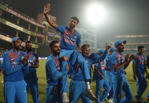 Veteran pacer Ashish Nehra could not have asked for a better send-off as India thrashed New Zealand by 53 runs at the Ferozshah Kotla here on Wednesday to bring up their maiden win against the Kiwis in T20 Internationals. India's opening duo of Shikhar Dhawan (80 from 52 balls) and Rohit Sharma (80 from 55 balls) blasted identical half tons to set the tone with a 158-run record opening stand and guide the hosts post a massive 202/3.