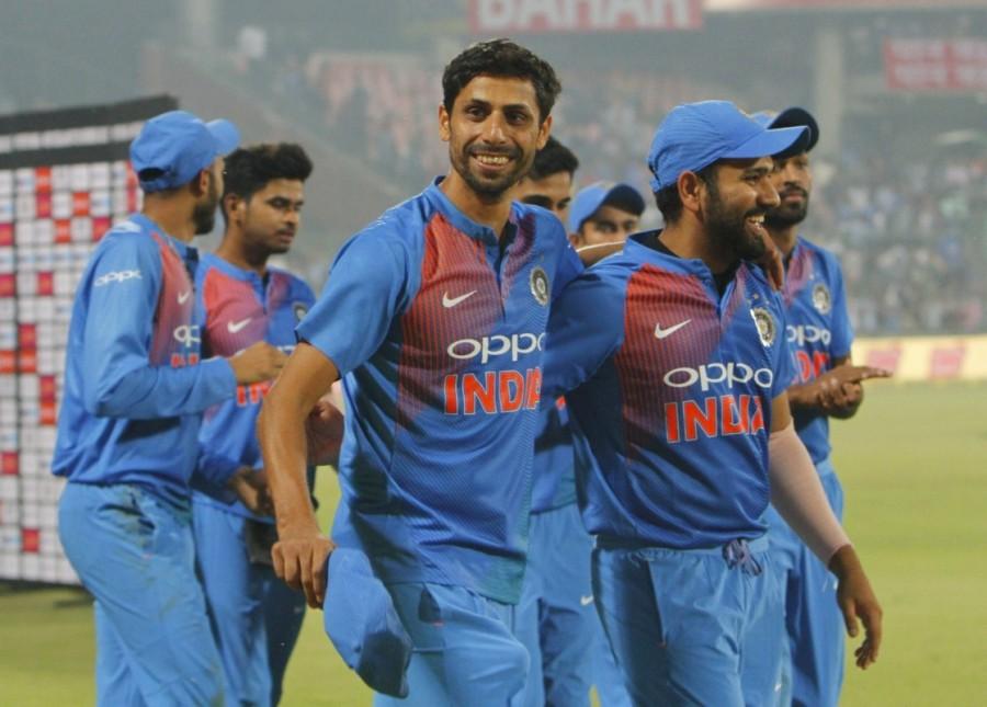 In reply, the tourists failed to get going as only five of their batsmen -- Kane Williamson (28), Tom Latham (39), Mitchell Santner (27), Ish Sodhi (11) and Tom Bruce (10) could manage to reach double figures. The Kiwis found both their openers -- Martin Guptill (4) and Colin Munro (7) back in the hut inside the first four overs with just 18 runs on the board. The credit for Guptill's dismissal went to Hardik Pandya's quick reflexes, latching on to a superb running catch at long-off off leg-spinner Yuzvendra Chahal. Munro failed to make full use of the life when he was dropped by Pandya off Ashish Nehra, and was beaten by a pacy yorker from Bhuvneshwar Kumar. Tottering at 33/2 by the end of the powerplay, the onus was on skipper Kane Williamson (28 off 24 balls) and Tom Latham to take out of troubled waters. India thrash New Zealand,India beats New Zealand,Ashish Nehra,ashish nehra farewell,ashish nehra retirement match,Ashish Nehra retirement