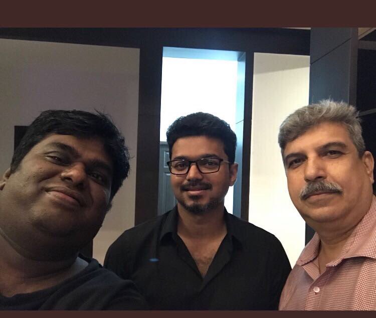 Sony Music South chief Ashok with actor Vijay at Mersal success party. Vijay,actor Vijay,Ilayathalapathy Vijay,Mersal,Mersal success party,Vijay at Mersal success party,Mersal success party pics,Mersal success party images,Mersal success party stills,Mersal success party pictures,Mersal success party photos