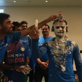 Indian skipper Virat Kohli celebrates 29th birthday with team members.