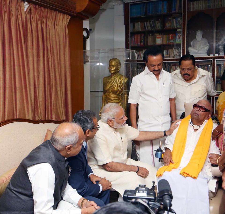 Prime Minister Narendra Modi on Monday called on DMK President M. Karunanidhi and enquired about his health. Narendra Modi,Narendra Modi meets Karunanidhi,Karunanidhi,DMK chief Karunanidhi,Narendra Modi meets MK Stalin,MK Stalin,Narendra Modi in Chennai