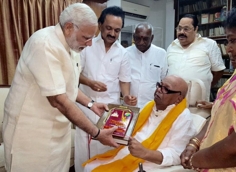 After participating in the 75th anniversary celebrations of Tamil newspaper Dina Thanthi, Modi called on Karunanidhi at his residence in Gopalapuram. Narendra Modi,Narendra Modi meets Karunanidhi,Karunanidhi,DMK chief Karunanidhi,Narendra Modi meets MK Stalin,MK Stalin,Narendra Modi in Chennai