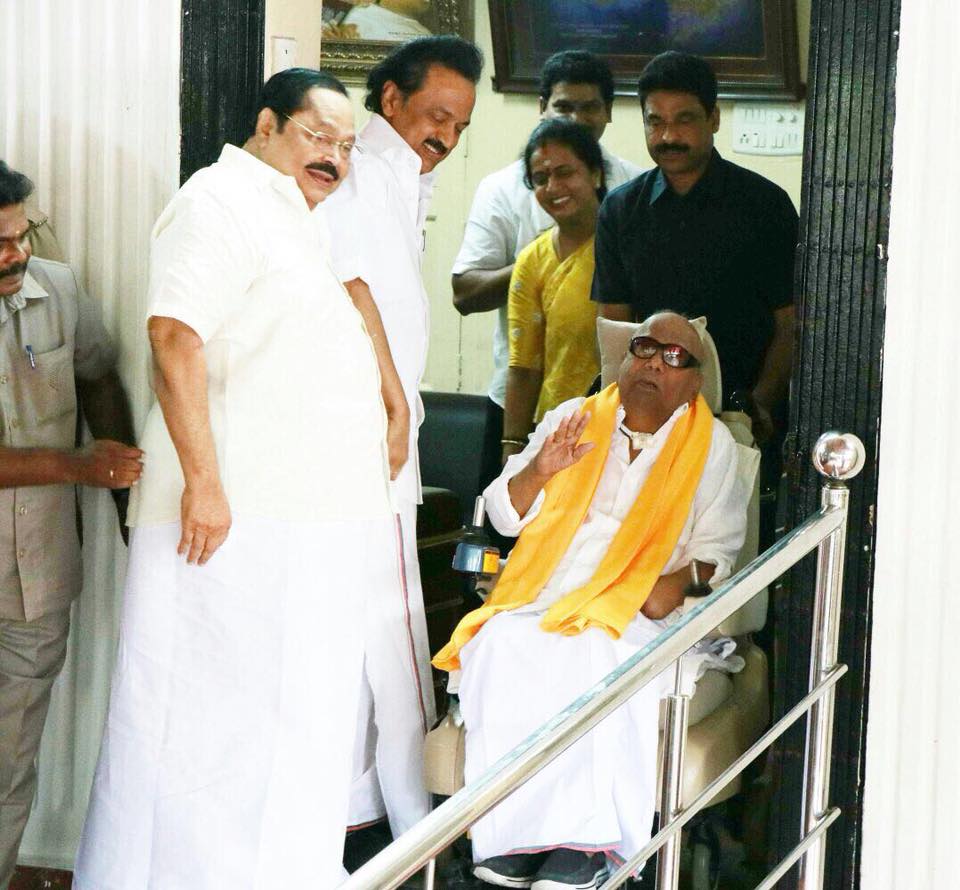 After meeting Modi, Karunanidhi, seated on a wheelchair, appeared near the door and waved to DMK cadres assembled outside his house. Narendra Modi,Narendra Modi meets Karunanidhi,Karunanidhi,DMK chief Karunanidhi,Narendra Modi meets MK Stalin,MK Stalin,Narendra Modi in Chennai
