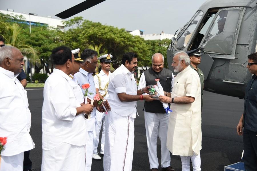 CM Edappadi K Palaniswami welcomes PM Narendra Modi on his arrival at Chennai. Narendra Modi,Narendra Modi in Chennai,CM Edappadi K Palaniswami,O. Panneerselvam,TN Guv Banwarilal Purohit,PM Narendra Modi