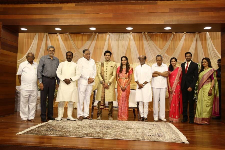 AVM Saravanan Grand Daughter Aparna Wedding Reception held in Chennai. Superstar Rajinikanth,Rajinikanth,AVM Saravanan,aparna guhan,maitreya,shyam,aparna guhan marriage,maitreya wedding,aparna guhan maitreya marriage,tamil celebrity wedding,avm saravanan granddaughter wedding