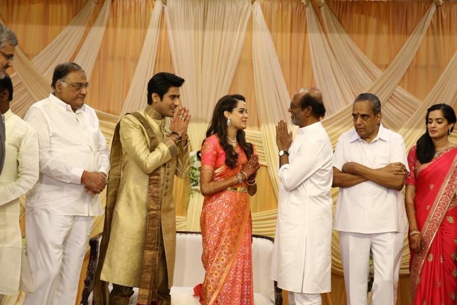 South Indian actor Rajinikanth at AVM Saravanan's granddaughter Aparna Wedding Reception. Superstar Rajinikanth,Rajinikanth,AVM Saravanan,aparna guhan,maitreya,shyam,aparna guhan marriage,maitreya wedding,aparna guhan maitreya marriage,tamil celebrity wedding,avm saravanan granddaughter wedding