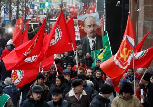 Demonstrators take part in a rally held by Russian Communist party to mark the Red October revolution's centenary in central Moscow, Russia November 7, 2017.