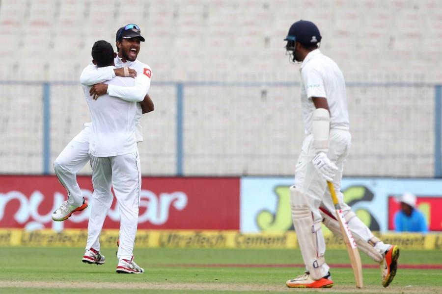 Brief scores: India 172 all out in first innings (Chesteshwar Pujara 52, Wriddhiman Saha 29; Suranga Lakmal 4/26, Dilruwan Perera 2/19, Dasun Shanaka 2/36, Lahiru Gamage 2/59) vs Sri Lanka. India vs Sri Lanka 2017,India vs Sri Lanka,India vs Sri Lanka first test,India vs Sri Lanka, 1st Test,Dilruwan Perera,Lahiru Gamage