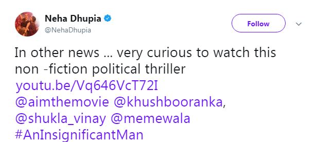 Neha Dhupia said, "In other news ... very curious to watch this non -fiction political thriller https://youtu.be/Vq646VcT72I @aimthemovie @khushbooranka, @shukla_vinay @memewala #AnInsignificantMan". Ayushmann Khurrana,Harshvardhan Kapoor,Richa Chaddha,Ahana Kumra,Neha Dhupia,Rahul Bose,Vishal Dadlani,Soha Ali Khan,Kunal Khemu,Tanmay bhatt,Abish Matthew,Kalki Koechlin,Roshni Chopra