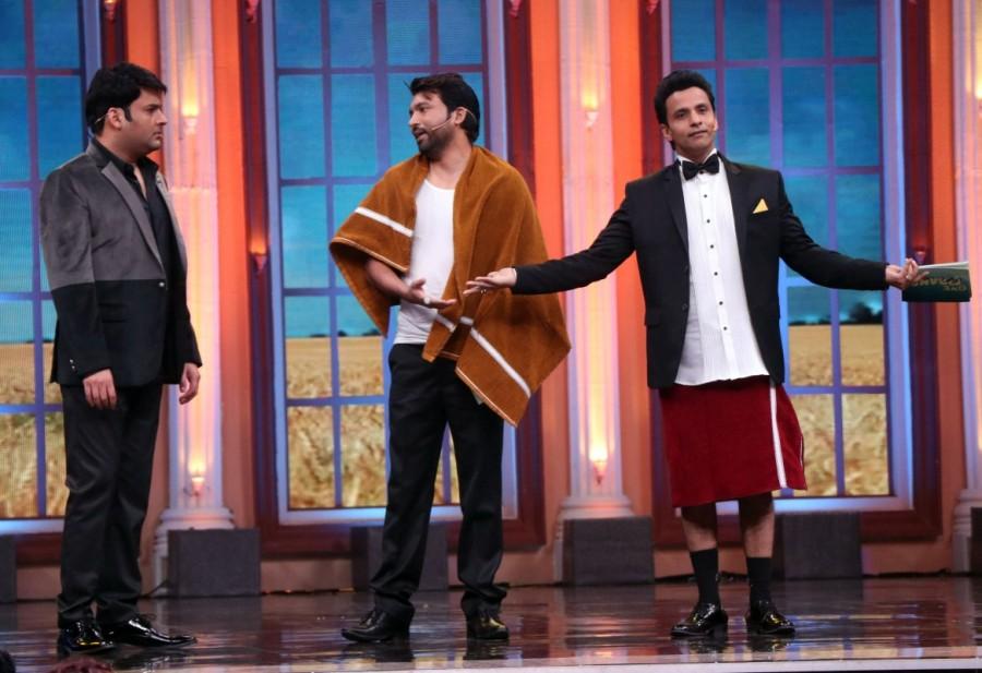 Comedian Kapil Sharma enacts a scene with Chandan Prabhakar and Rajiv Thakur. Kapil Sharma,The Kapil Sharma show,Oye Firangi for Sony,Firangi for Sony,Oye Firangi,Comedian Kapil Sharma