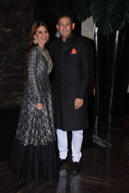 Ajit Agarkar with his wife Fatima Ghadially spotted at Sagarika Ghatge & Zaheer Khan Wedding Reception. Sachin Tendulkar,Harbhajan Singh,Parthiv Patel,Ajit Agarkar,Sagarika Ghatge & Zaheer Khan Wedding Reception,Sagarika Ghatge Wedding Reception,Zaheer Khan Wedding Reception