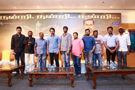 Tamil movie Dheeran Adhigaram Ondru success meet held in Chennai. Celebs like Karthi, Ghibran, director H Vinoth, Producer SR Prabhu and others graced the event.