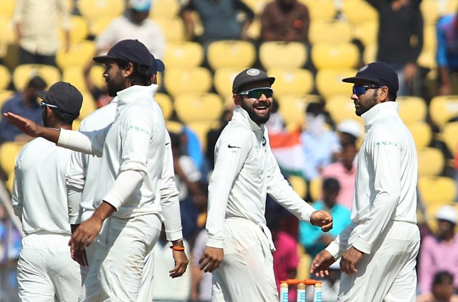 On Monday, resuming the play at 21/1, Sri Lanka kept losing wickets at regular intervals. Two overnight batsmen Dimuth Karunaratne (18) and Lahiru Thirimanne (23) lacked patience in the morning. While Karunaratne was caught by Murali Vijay at short leg off left-arm spinner Ravindra Jadeja in the seventh over of the session, Thirimanne sliced a wide delivery from paceman Umesh Yadav to Jadeja at backward point, to leave the tourists at 48/3. Sri Lankan hopes were further dashed when former captain Angelo Mathews played Jadeja straight into the hands of Rohit Sharma at mid-off. India beat Sri Lanka,India beat Sri Lanka in second Test,India trash Sri Lanka,India beat Sri Lanka by 239 runs,India beat Sri Lanka by an innings,Virat Kohli,Ravichandran Ashwin