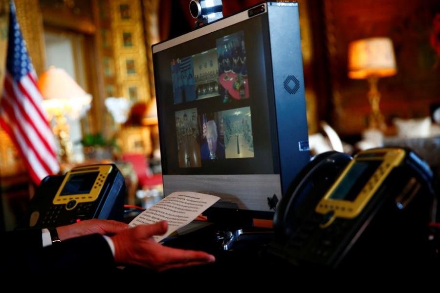 President Donald Trump speaks via teleconference with troops from Mar-a-Lago estate, November 23, 2017. Donald Trump,President Donald Trump,Thanksgiving,Donald Trump Thanksgiving,Mar-a-Lago estate