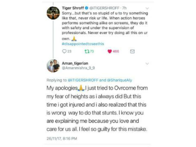 The actor shared, "Sorry, but that’s so stupid of you to try something like that. Never risk your life. When action heroes perform something alike on screens, they do it under the supervision of professionals. Never ever try doing all this on your own. Disappointed to see this." As soon as Tiger tweeted the fan immediately apologised sharing, "My apologies@iTIGERSHROFF.I just tried to Overcome from my fear of heights as i always did But this time i got injured and also realized that this is wrong way to do that stunts.I know you are explaining me because you love and care for us all.I feel so guilty for this mistake". Tiger Shroff,actor Tiger Shroff,Tiger Shroff slams a fan,Baaghi 2,Baaghi 2 star Tiger Shroff