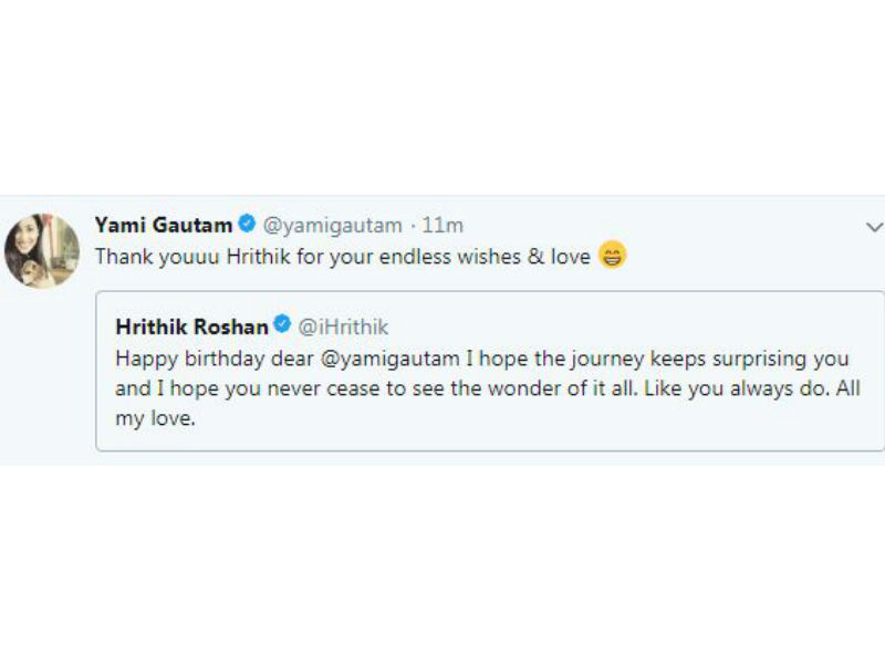 Wishing the actress, Hrithik Roshan took to Twitter saying, "Happy birthday dear @yamigautam I hope the journey keeps surprising you and I hope you never cease to see the wonder of it all. Like you always do. All my love." Yami Gautam promptly replied to the Superstar saying, "Thank youuu Hrithik for your endless wishes & love" Hrithik Roshan and Yami Gautam starred in the revenge drama Kaabil, which received accolades from all quarters for their performances. Since then, the co-stars have shared a warm and cordial friendship which is evident in their social media posts. Time and again Hrithik Roshan and Yami Gautam have extended their support to each other. Hrithik Roshan,Hrithik Roshan wishes Yami Gautam,Yami Gautam,Yami Gautam birthday,Kaabil co-star,Kaabil