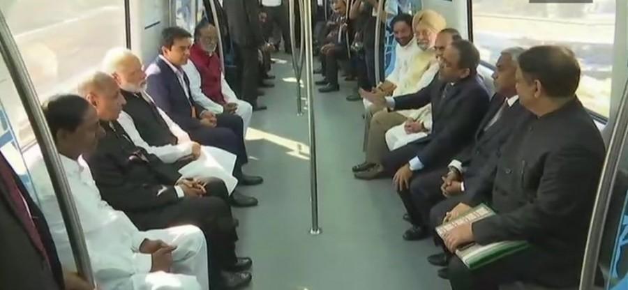 Honourable PM Shri Narendra Modi inaugurated Hyderabad Metro Rail and took a ride with Honourable Governor Narasimhan, Honourable CM of Telangana KCR and Honourable Minister KTRTRS. Narendra Modi inaugurates Hyderabad Metro,Modi inaugurates Hyderabad Metro,Hyderabad Metro,PM inaugurates Hyderabad Metro,Hyderabad Metro launch,Modi Hyderabad metro