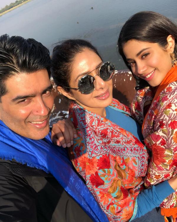 Manish Malhotra shared a selfie posing with Sridevi and Janhvi Kapoor by tweeting: "#jhanvikapoor s first day of shoot .... #morning #Udaipur #selfie time with @sridevi.kapoor #janvhikapoor both in #manishmalhotralabel #signsture #shawls with #Kashmiri #threadwork on the sets of #Dhadak’ @dharmamovies @karanjohar @shashankkhaitan #ishan #costumedesign #manishmalhotraworld @mmalhotraworld @janhvikapoor_6". Sridevi Kapoor,Janhvi Kapoor,Manish Malhotra,Sridevi and Janhvi Kapoor,Janhvi Kapoor pose for a selfie,Janhvi Kapoor selfie,Janhvi Kapoor selfie pics,Janhvi Kapoor selfie images