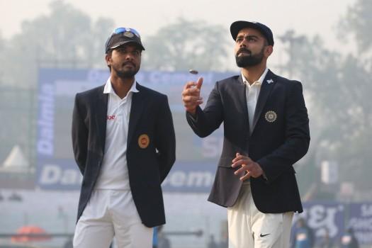 India won the toss and elected to bat first against Sri Lanka in the third Test at the Ferozeshah Kotla Cricket Ground here on Saturday. For India, pacer Mohammed Shami replaces Umesh Yadav and opener Shikhar Dhawan comes in place of Lokesh Rahul.