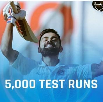 The India captain reached the milestone in 105 innings -- the same number as his England counterpart Joe Root. To go with that, Kohli also managed to cross the barrier of 16,000 international runs across all formats. Kohli reached the mark in typical style, smashing Sri Lanka pacer Suranga Lakmal for a boundary shortly after lunch. Playing in his 63rd Test, the 29-year-old from Delhi became the 11th Indian batsman to achieve the milestone, and that too in front of his home fans, when he reached 25 during India's first innings.