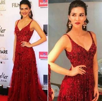 Kriti Sanon rocked the red carpet in a gorgeous red gown by Zara Umrigar. Kriti was perfectly dolled up by Sukriti Grover.