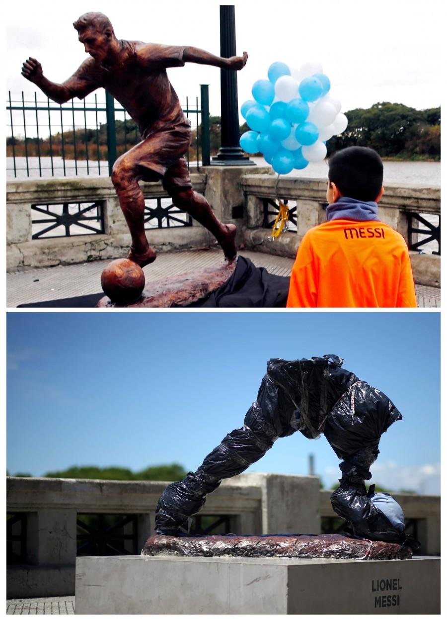 It is flanked by sculptures of other Argentine sporting greats such as Formula 1 world champion Juan Manuel Fangio and 1986 World Cup winner Diego Maradona. Lionel Messi statue,Lionel Messi statue vandalise,Lionel Messi vandalise