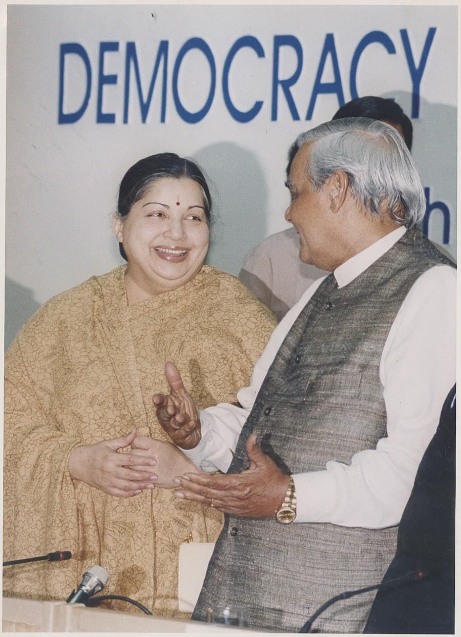 Former prime minister Atal Bihari Vajpayee with AIADMK leader Jayalalithaa in New Delhi on 30 January 1999. Jayalalithaa,Jayalalitha,Jayalalithaa 1st Death Anniversary,Jayalalithaa Death Anniversary,Jayalalithaa rare pics,Jayalalithaa rare images,Jayalalithaa rare stills,Jayalalithaa rare pictures,Jayalalithaa rare photos,Jayalalithaa unseen pics,Jayalalithaa u