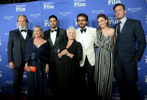 L-R Jeff bridges, Susan Geston, Ali Fazal, Dame Judi Dench, Roger Durling, Elizabeth Chambers and Armie Hammer.