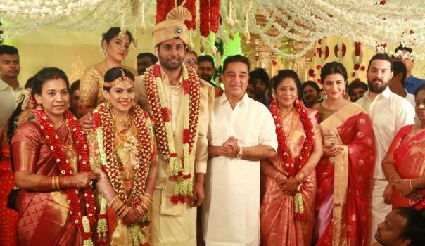 Kamal Haasan, Shruti Haasan and Michael Corsale at Aadhav Kannadasan and Vinodhinie wedding.
