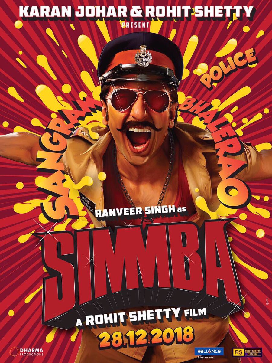 Rohit Shetty's entertainment factor coupled with actor Ranveer Singh's energy and enthusiasm lend a roaring charm to the first look of "Simmba", their first movie together. Presented by Karan Johar, the movie has been locked for release on December 28 next year, it was announced on Thursday. Karan shared the first poster of the Reliance Entertainment film to make the announcement. Ranveer, dressed as a quirky policeman, sports a pair of tinted sunglasses and a hook style moustache, looks every bit the entertainer he is. The poster reveals that he will play Sangram Bhalerao aka Simmba. "December 28, 2018! Rohit Shetty will be back! Ranveer Singh as Simmba," Karan captioned the image. Simmba First Look,Simmba First Look poster,Simmba poster,Simmba movie poster,Ranveer Singh,Temper Remake