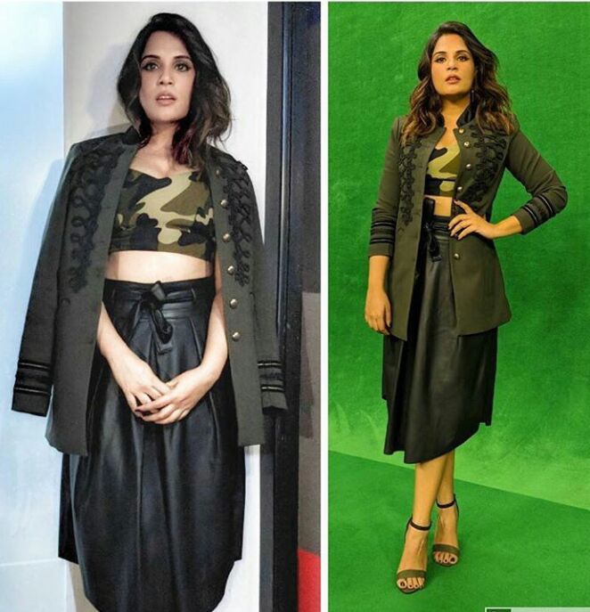 Richa Chadha wearing LabelSache's military bralet along with Promod's faux leather skirt and Vero Moda jacket and teaming it up with simple and elegant IIntoto's heels. Richa Chadha,Richa Chadha fashion,Richa Chadha dress,Richa Chadha on social media,Bholi Punjaban,Pulkit Sharma,Varun Sharma,Ali Fazal,Manjot Singh