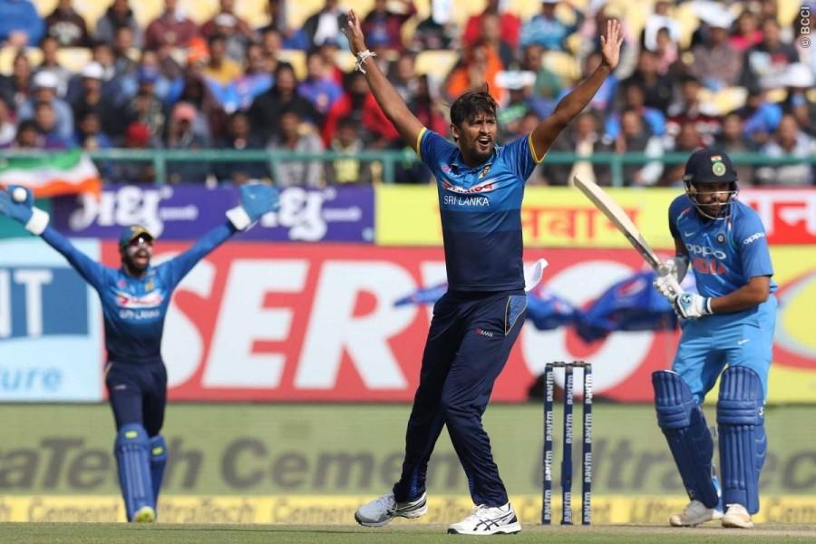 Sri Lanka endured a rough start to their innings, losing Danushka Gunathilaka (1) and Lahiru Thirimanne (0) within the first 10 overs. But the experienced Tharanga brought the chase back on track, smashing 10 boundaries in his 46-ball innings. He also formed a 46-run third wicket stand with Angelo Mathews (25 not out). However, Tharanga was sent back to the pavilion before completing his half century from a delivery by medium-pacer Hardik Pandya which was edged and easily carried at first slip by Shikhar Dhawan. Later, incoming batsman Niroshan Dickwella (26 not out) and Mathews helped their side post 114/3 and clinch victory in 20.4 overs. Sri Lanka thrash India,India vs Sri Lanka,Upul Tharanga,MS Dhoni,Suranga Lakmal
