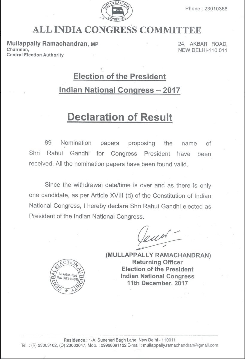 Congress Vice President Rahul Gandhi was on Monday elected the President of the country's oldest political party, Returning Officer Mullappally Ramachandran announced here on Monday. Rahul Gandhi,president,Congress president,All India Congress Committee