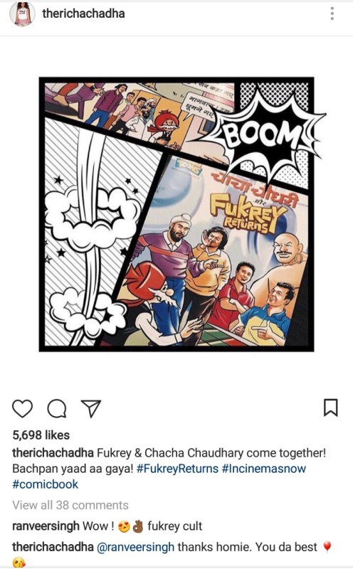 Fukrey Returns launched a comics series in association with the legendary Chacha Chaudhary, which has been tickling everyone's funny bones just like the film. Diamond Comics has launched a comic series which is a collaboration of the iconic Chacha Chaudhary and Fukrey Returns comic providing a hilarious overdose of entertainment. When Richa Chadha took to Instagram to share her thoughts on the comics, none other than Ranveer Singh appreciated the comics. Richa Chadha had posted on Instagram, "Fukrey & Chacha Chaudhary come together! Bachpan yaad aa gaya! #FukreyReturns #Incinemasnow#comicbook". To which Ranveer Singh commented, "Wow ! ???????? fukrey cult" as he appreciated the film. Ranveer Singh,actor Ranveer Singh,Chacha Chaudhary,Fukrey Returns,Fukrey Returns comics